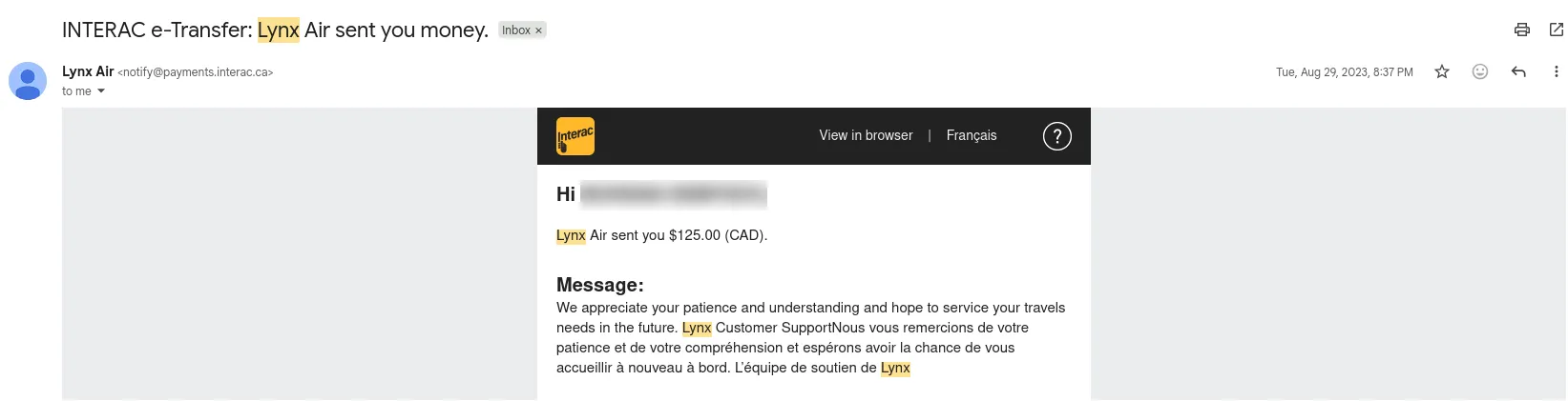 Reçu de compensation Lynx